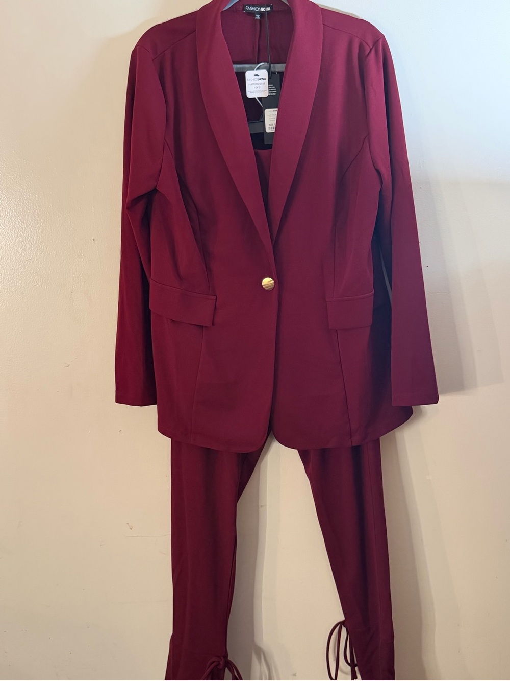 Fashion Nova Wine Red Shawl Collar Blazer & Tapered Pants Set
